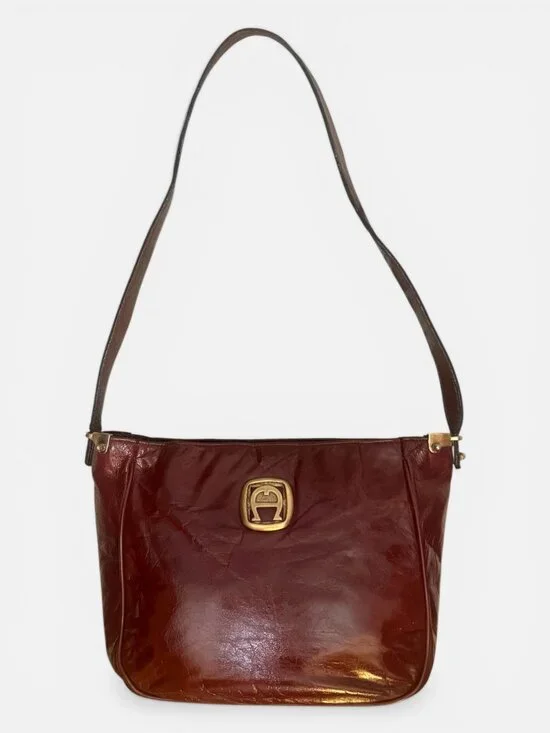 VTG Etienne Aigner Shoulder Bag Oxblood Leather Brass Logo 70s Germany Handmade - Picture 4 of 9